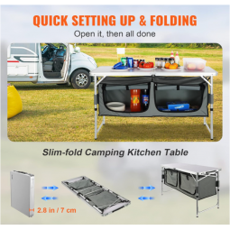 Camping Kitchen Station, 3 Adjustable Height Folding Outdoor Camp Cooking Table with Storage Organizer