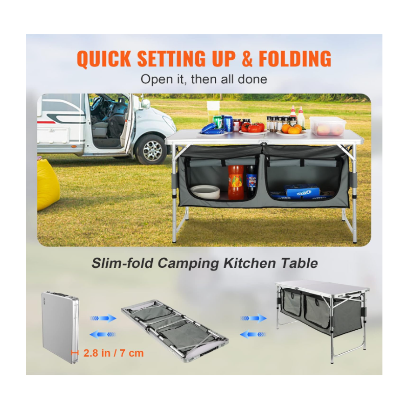 Camping Kitchen Station, 3 Adjustable Height Folding Outdoor Camp Cooking Table with Storage Organizer
