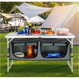 Camping Kitchen Station, 3 Adjustable Height Folding Outdoor Camp Cooking Table with Storage Organizer