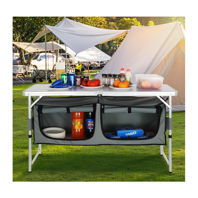 Camping Kitchen Station, 3 Adjustable Height Folding Outdoor Camp Cooking Table with Storage Organizer Camping Kitchen Station, 3 Adjustable Height Folding Outdoor Camp Cooking Table with Storage Organizer