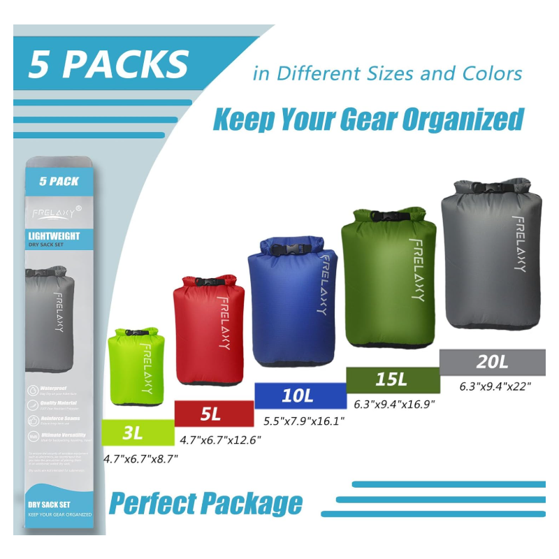 Dry Bag 3-Pack/5-Pack, Ultralight Dry Sack, Outdoor Bags Keep Gear Dry for Hiking, Backpacking