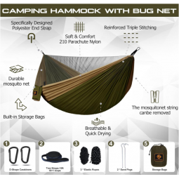Camping Hammock, Portable Hammocks with Mosquito Net,Lightweight Nylon Parachute Hammock with 10ft Tree Straps