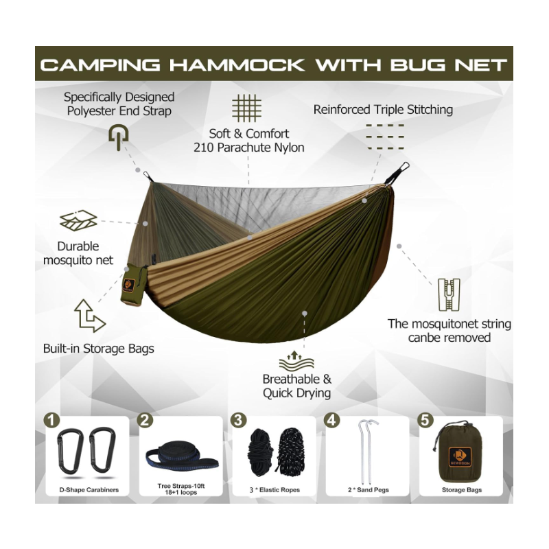 Camping Hammock, Portable Hammocks with Mosquito Net,Lightweight Nylon Parachute Hammock with 10ft Tree Straps