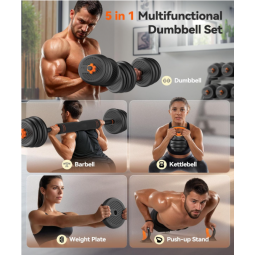 20/30/40/45/70/90lbs Free Weight Set with Connector, 5 in1 Dumbbells Set Used as Barbell, Kettlebells