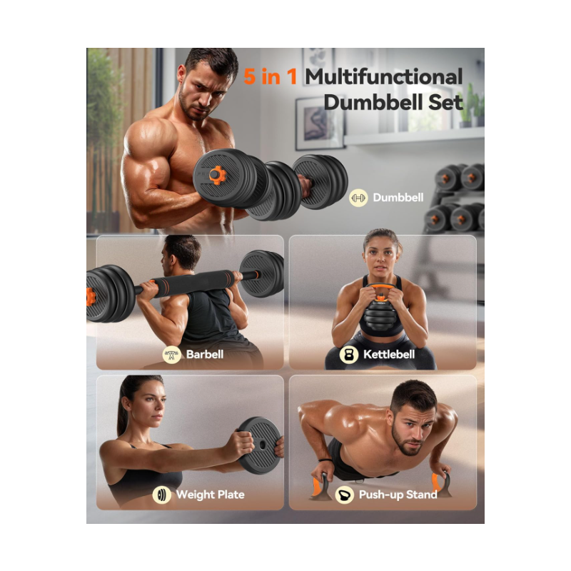 20/30/40/45/70/90lbs Free Weight Set with Connector, 5 in1 Dumbbells Set Used as Barbell, Kettlebells